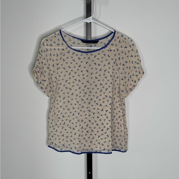 Zara Blue and Cream Boxy Short Sleeve Blouse - Picture 3 of 5